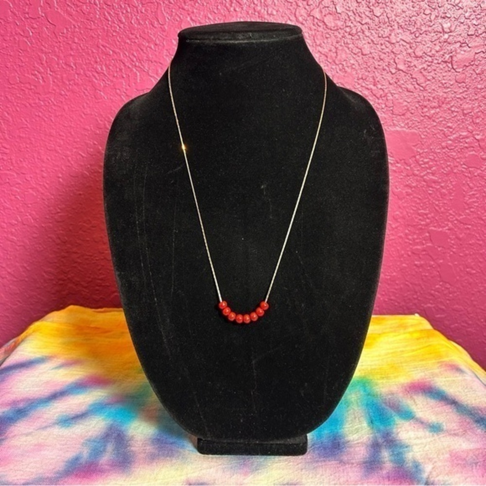 Vibrant Red Beaded Gold Tone Necklace 25”